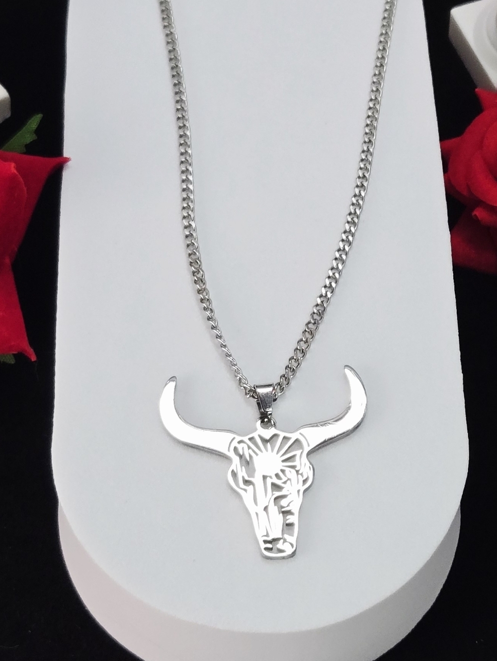 Silver Bull Skull Necklace Laser Cut Steer Head Pendant 24" Chain Sleek Western - Picture 3 of 5